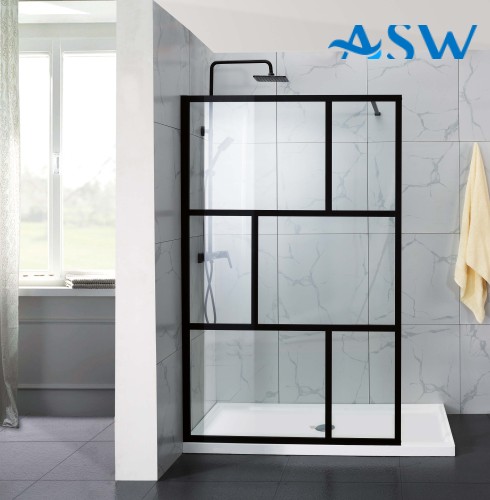 Fully Framed Shower Screen Panel Black Frame 6 Sections 6mm 2000H with support arm
