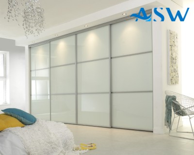 Fully Framed Sliding Wardrobe Doors Greenish white Glass with Horizontal Strips