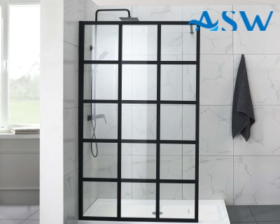 Fully Framed Shower Screen Panel Black Frame 15 Sections 6mm 2000H with support arm