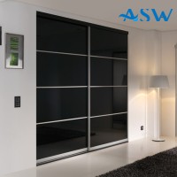 Slim Line Framed Sliding Wardrobe Doors Black Glass Finish With Horizontal Strips