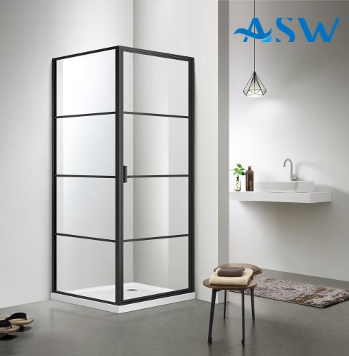 Fully Framed Corner Shower screen with black horizontal rails Pivot Door 1900H