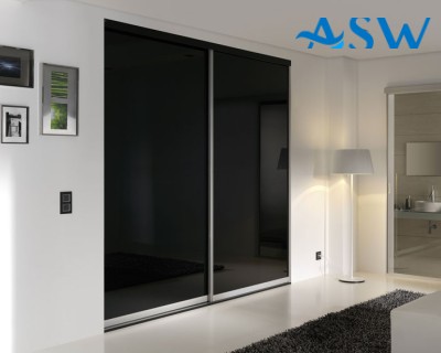 Slim Line Framed Sliding Wardrobe Doors Black Glass Finish