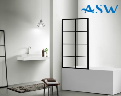 Fully Framed Shower Screen Bathtub Panel Black Frame 6 Sections 8mm 1500H with support arm