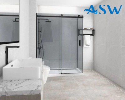 Frameless Shower Screen Corner Fixed Panel & Sliding Door & Return Grey Glass 2000H