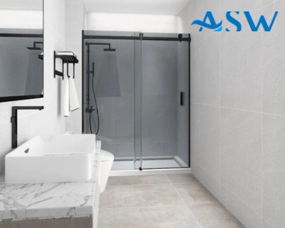 Frameless Shower Screen Wall to Wall Fixed & Sliding Door Grey Glass 2000H