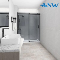 Frameless Shower Screen Wall to Wall Fixed & Sliding Door Grey Glass 2000H