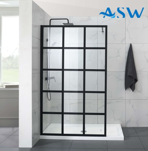 Fully Framed Shower Screen Panel Black Frame 15 Sections 6mm 2000H with support arm