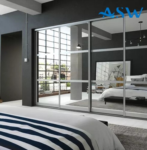 Slim Line Framed Sliding Wardrobe Doors Mirror With Horizontal Strips