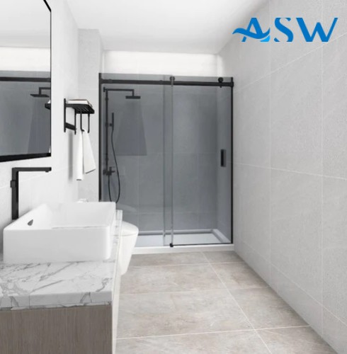 Frameless Shower Screen Wall to Wall Fixed & Sliding Door Grey Glass 2000H