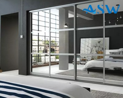 Slim Line Framed Sliding Wardrobe Doors Mirror With Horizontal Strips