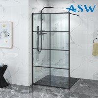 Fully Framed Shower Screen Panel Black Frame 8 Sections 6mm 2000H with support arm