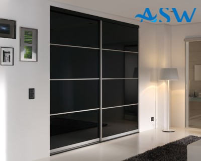 Slim Line Framed Sliding Wardrobe Doors Black Glass Finish With Horizontal Strips