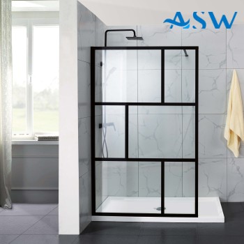 Fully Framed Shower Screen Panel Black Frame 6 Sections 6mm 2000H with support arm