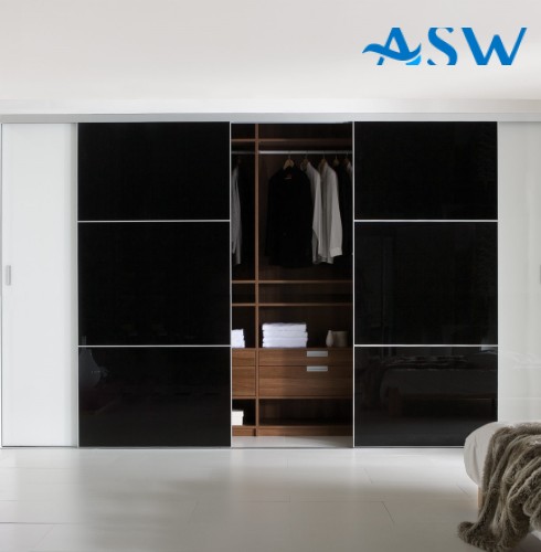 Frameless Sliding Wardrobe Doors Black Glass With Horizontal Strips