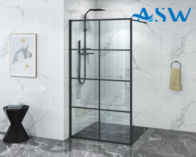 Fully Framed Shower Screen Panel Black Frame 8 Sections 6mm 2000H with support arm