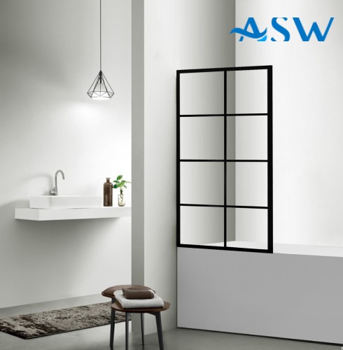 Fully Framed Shower Screen Bathtub Panel Black Frame 6 Sections 8mm 1500H with support arm
