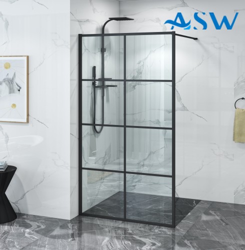 Fully Framed Shower Screen Panel Black Frame 8 Sections 6mm 2000H with support arm