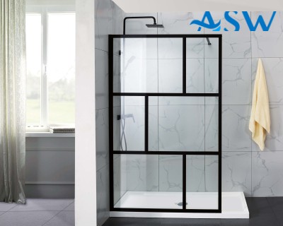 Fully Framed Shower Screen Panel Black Frame 6 Sections 6mm 2000H with support arm