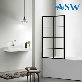 Fully Framed Shower Screen Bathtub Panel Black Frame 6 Sections 8mm 1500H with support arm