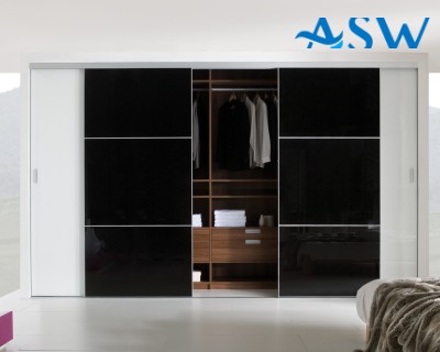 Frameless Sliding Wardrobe Doors Black Glass With Horizontal Strips