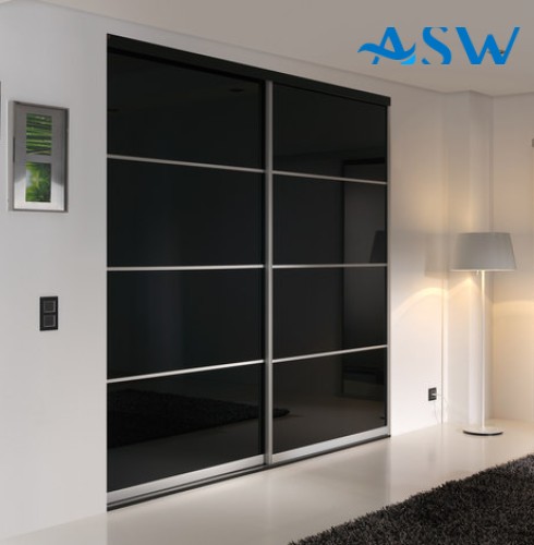 Slim Line Framed Sliding Wardrobe Doors Black Glass Finish With Horizontal Strips
