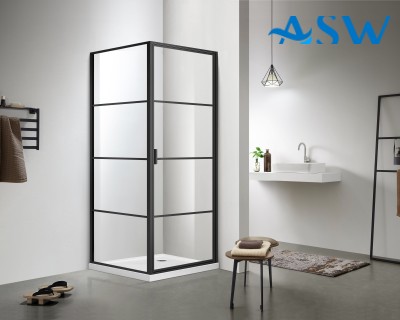 Fully Framed Corner Shower screen with black horizontal rails Pivot Door 1900H