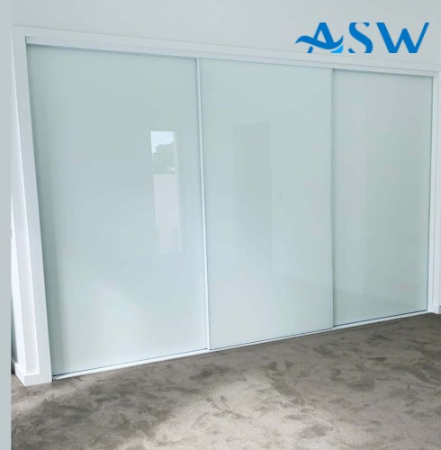 Frameless Sliding Wardrobe Doors Greenish White Glass Finish