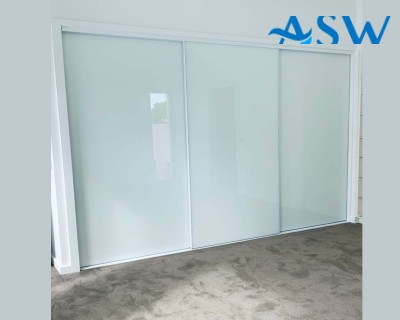 Frameless Sliding Wardrobe Doors Greenish White Glass Finish