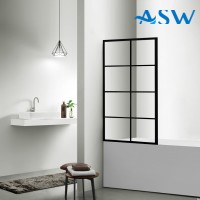 Fully Framed Shower Screen Bathtub Panel Black Frame 6 Sections 8mm 1500H with support arm